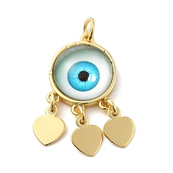 Deep Sky Blue Real 18K Gold Plated Brass Pendants, with Acrylic and Jump Ring, Flat Round with Evil Eye Charms, Deep Sky Blue, 28x14x5mm, Hole: 3.4mm