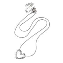 Stainless Steel Color 304 Stainless Steel Hollow Heart Pendant Necklace with Round Snake Chains, Stainless Steel Color, 18.11 inch(46cm)