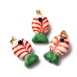 Оранжевый Подвески лэмпворк ручной работы, рыбы прелести, с реечной накладкой из латуни с золотистым напылением, долговечный, оранжевые, 23~23.5x12~13x8~10 мм, отверстие : 4.4x3.8 мм