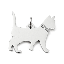 Stainless Steel Color 304 Stainless Steel Pendants, with Jump Ring and Glitter, Stamping Blank Tag, Cat Charm, Stainless Steel Color, 23x23.5x1mm, Hole: 4mm