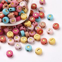 Golden Plated Opaque Acrylic Beads, Flat Round with Heart, Golden Plated, 6.5x7x3mm, Hole: 1.6mm, about 3600~3700pcs/500g