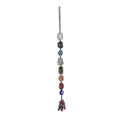 Black 7 Chakra Nuggets Natural Gemstone Pocket Pendant Decorations, Nylon Thread and Gemstone Chip Tassel Hanging Ornaments, Black, 340x22mm