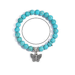Butterfly Synthetic Turquoise Beaded Bracelets, Bohemia Style Alloy Charms Stretch Bracelets for Women, Butterfly Pattern, 6-3/4 inch(17cm), 8mm