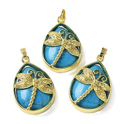 Синтетическая Бирюза Синтетические бирюзовые подвески, с фурнитурой латунной золотого тона, без свинца и без кадмия, слезинка с подвесками в виде стрекоз, 40~40.5x26~26.5x8.5~9.5 мм, отверстие : 7~8x4.5~5 мм