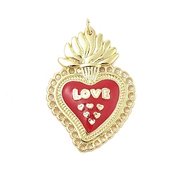 Красный Подвески из латуни с эмалью в стойку, с целью перехода в кольце, долговечный, без кадмия и без свинца, реальный 18 k позолоченный, Священное сердце со словом «любовь», красные, 36.5x25.5x4 мм, отверстие : 3 мм