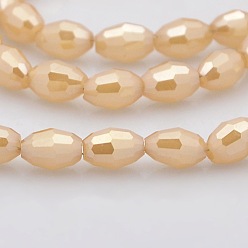 Bisque Pearl Luster Plated Imitation Jade Glass Faceted Rice Beads Strands, Bisque, 6x4mm, Hole: 1mm, about 72pcs/strand, 16 inch