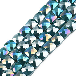 Teal Electroplate Opaque Solid Color Glass Beads Strands, AB Color Plated, Faceted, Square, Teal, 6.5x6.5x4.5mm, Hole: 1.2mm, about 97~99Pcs/strand, 25 inch(63.5cm)