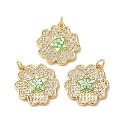 Светло-зеленый Стойки обшивки латунь кубического циркония подвески, с эмалью и ракушкой, долговечный, без свинца и без кадмия, реальный 18 k позолоченный, с прыжковых колец, звезда, светло-зеленый, 22x20x3 мм, отверстие : 3 мм