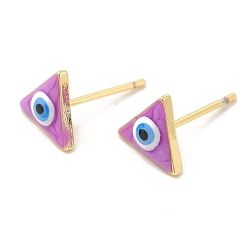 Orquídea Oscura Aretes de triángulo esmaltado con mal de ojo, joyas de latón chapado en oro real 18k para mujer, orquídea oscura, 8x9 mm, pin: 0.8 mm