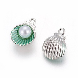 Green Alloy Enamel Pendants, with Acrylic Pearl Beads, Shell, Platinum, Green, 15x11.5x7mm, Hole: 1.4mm