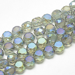 Medium Aquamarine Frosted Electroplate Glass Beads Strands, Rainbow Plated, Faceted, Flat Round, Medium Aquamarine, 8x5.5mm, Hole: 1.5mm, about 72pcs/22 inch