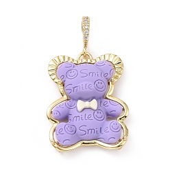 Lilac Opaque Resin Pendants, Bear with Word Smile Charm, with Brass Micro Pave Clear Cubic Zirconia, Cadmium Free & Lead Free, Real 18K Gold Plated, Lilac, 31x25x8mm, Hole: 4.5x7mm