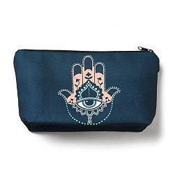 Marine Blue Evil Eye & Hamsa Hand Theme Polyester Cosmetic Pouches, with Iron Zipper, Waterproof Clutch Bag, Toilet Bag for Women, Rectangle, Marine Blue, 13x22x2.2cm