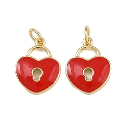 Красный Латунь эмаль подвески, замок в форме сердца, реальный 18 k позолоченный, стойки покрытие, долговечный, без кадмия и без свинца, с целью перехода в кольце, красные, 15.5x12x2.5 мм, отверстие : 3 мм