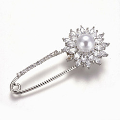 Platinum Brass Micro Pave Cubic Zirconia Safety Brooch, with Acrylic Imitation Pearl, Flower, Platinum, 59.5x26mm, Pin: 1.5mm