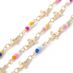 Colorful Handmade Eco-friendly Brass Butterfly Link Chain, with Cubic Zirconia & Glass Seed Beaded, Real 18K Gold Plated, Lead Free & Cadmium Free, Soldered, with Spool, Colorful, 10x7x2mm, 14x2.5mm