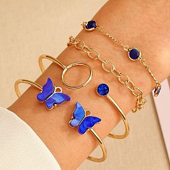 Blue Light Gold Alloy Butterfly Cuff Bangle and Link Chain Bracelets Set, Resin Jewelry Set with Rhinestone, Blue, 62~64mm, 4Pcs/set