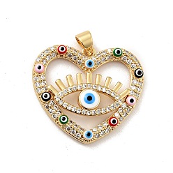 Colorful Rack Plating Brass Micro Pave Clear Cubic Zirconia Pendants, with Enamel, Cadmium Free & Lead Free, Heart with Evil Eye, Real 18K Gold Plated, Colorful, 24.5x27x4.5mm, Hole: 3x3.7mm