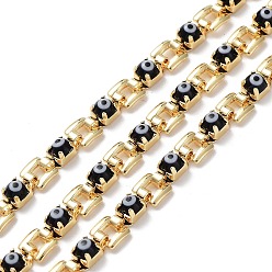 Black Handmade Glass Evil Eye Link Chains, with Real 18K Gold Plated Brass Findings, Unwelded, with Spool, Black, 5x5x1mm