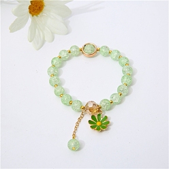 Light Green Glass Round Beaded Stretch Bracelets, with Alloy Enamel Daisy Flower Charms, Light Green, Inner Diameter: 2-3/8 inch(6cm)