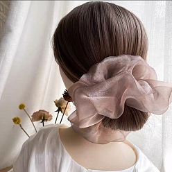Large Pearl Hair Scrunchie - Mocha Brown Chic Oversized Organza Hair Scrunchie for Girls, Sweet and Elegant French Style Headband with Fairy Mesh Bow Tie