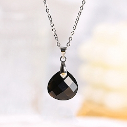 Obsidian Natural Obsidian Teardrop Pendant Necklaces, Stainless Steel Cable Chain Necklace for Women, 19.69 inch(50cm)