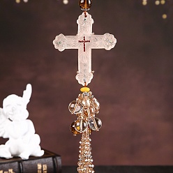Pink Cross with Tassel Glass Pendant Decorations, for Interior Car Mirror Hanging Decorations, Pink, 320mm