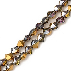 Golden Plated Electroplate Transparent Glass Beads Strands, Half Plated, Twist, Golden Plated, 8.2x8.2x6.8mm, Hole: 1mm, about 80pcs/strand, 25.98 inch(66cm)