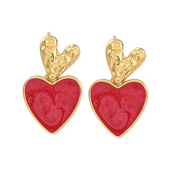 Красный Серьги-гвоздики из латуни в форме сердца с покрытием для женщин, с эмалью, без кадмия и без свинца, долговечный, реальный 18 k позолоченный, красные, 23x14 мм