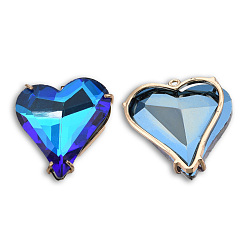 Medium Blue Electroplate K9 Glass Pendants, with Light Gold Plated Brass Findings, Cadmium Free & Lead Free, Faceted, Heart, Medium Blue, 26.5x26.5x7.5mm, Hole: 1.2mm