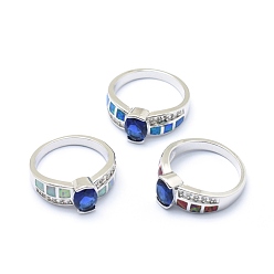 Platinum Cubic Zirconia Finger Rings, with Synthetic Opal and Brass Findings, Long-Lasting Plated, Oval, Size 7, Blue, Platinum, 17.5mm