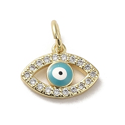 Turquoise Brass Micro Pave Cubic Zirconia Charms, with Enamel, with Jump Ring, Real 18K Gold Plated, Evil Eye, Turquoise, 10.5x14.5x2.5mm, Hole: 3.6mm