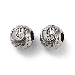 Letter B 304 Stainless Steel Rhinestone European Beads, Round Large Hole Beads, Real 18K Gold Plated, Round with Letter, Letter B, 11x10mm, Hole: 4mm