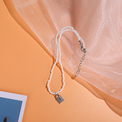 lock Stylish Metal Lock Pendant Necklace with Beaded Chain - European and American Jewelry