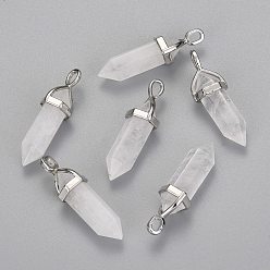 Quartz Crystal Natural Quartz Crystal Double Terminated Pointed Pendants, Rock Crystal, with Alloy Findings, Bullet, Platinum, 36~45x12mm, Hole: 3x5mm, Gemstone: 10mm in diameter