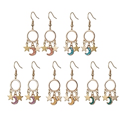 Mixed Color Moon and Star Alloy Enamel Chandelier Earrings, Mixed Color, 45x13mm