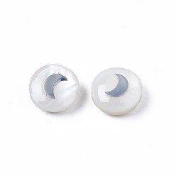 Platinum Natural Freshwater Shell Beads, with Platinum Plated Brass Metal Embellishments, Flat Round with Moon, Platinum, 8x4.5mm, Hole: 0.6mm