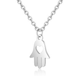 Stainless Steel Color 201 Stainless Steel Pendants Necklaces, Hamsa Hand, Stainless Steel Color, 16.3 inch(40cm)x1mm