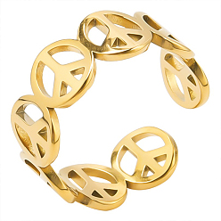 Golden Stainless Steel Hollow Out Peace Sign Open Cuff Ring for Women, Golden, Inner Diameter: 17mm