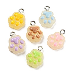 Mixed Color Opaque Resin Pendants, Imitation Jelly, Cat Paw Print Charms with Platinum Plated Iron Loops, Mixed Color, 15.5x12.5x5mm, Hole: 2mm