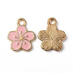Pink Alloy Enamel Charms, Hibiscus Flower, Light Gold, Pink, 14.5x12x1.5mm, Hole: 2mm