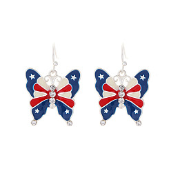 Colorful Flag Color Butterfly Enamel Dangle Earrings with Crystal Rhinestone, Independence Day Theme Alloy Jewelry for Women, Colorful, 31x22mm