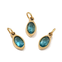 Dark Turquoise Vacuum Plating 304 Stainless Steel Pendants, with Cubic Zirconia and Jump Rings, Single Stone Charms, Oval, Golden, Dark Turquoise, 10x5x3mm, Hole: 3.4mm