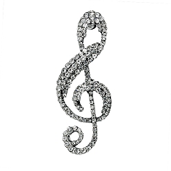 Cristal Broche de nota musical de diamantes de imitación, insignia de aleación de platino para ropa de mochila, Platino, 53x21 mm