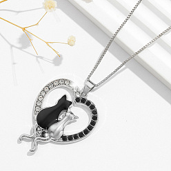 Platino Collares de mujer con colgante de corazón de aleación esmaltada y pareja de gatos., negro, Platino, 17.72 pulgada (45 cm)