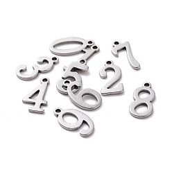 Stainless Steel Color 304 Stainless Steel Charms, Number 0~9, Stainless Steel Color, 15x5.5~8x1.5mm, Hole: 1.5mm, 10pcs/set
