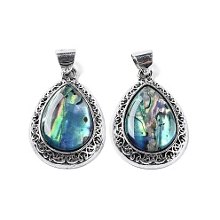Colorful Natural Paua Shell Teardrop Pendants, Antique Silver Tone Alloy Drop Charms, Colorful, 39.5x27x6.5mm, Hole: 6x7.4mm