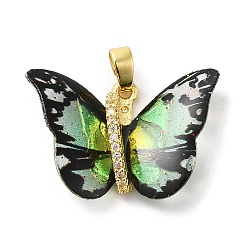 Lime Green Brass Pendants, with Cubic Zirconia, Film, Long-Lasting Plated, Lead Free & Cadmium Free, Real 18K Gold Plated, Butterfly, Lime Green, 16~17x23~14x6mm, Hole: 6x3.5mm