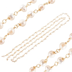 Real 18K Gold Plated 1 Strand Handmade Cultured Freshwater Pearl Beaded Chains, with Copper Wire, Soldered, Real 18K Gold Plated, 6~10x7~9x4~7mm, about 3.28Feet/strand(1m/strand)