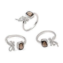 Cuarzo Ahumado Micro latón allanar anillos zirconia cúbico, rectángulo y moño, con cuarzo ahumado natural,, Platino, 17 mm